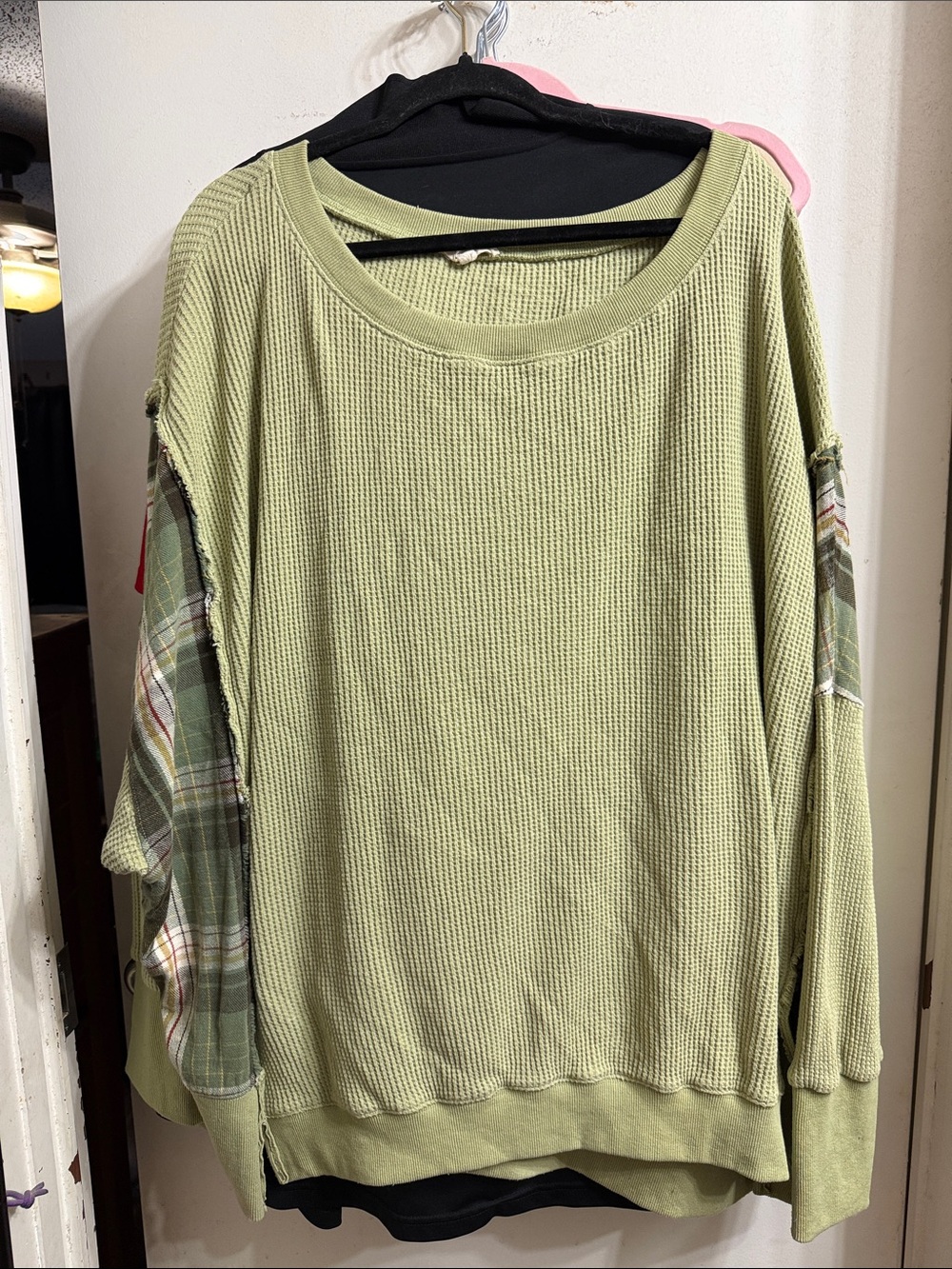 Oli & Hali Olive Green Waffle Knit Scoop Neck Sweater with Plaid Sleeve Detail